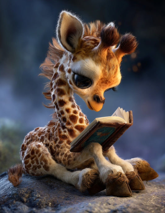 Giraffe — Fantasy Reading Art, Midnight Tones Digital Wall Art, 3 Sizes Included, Nursery Room Decor