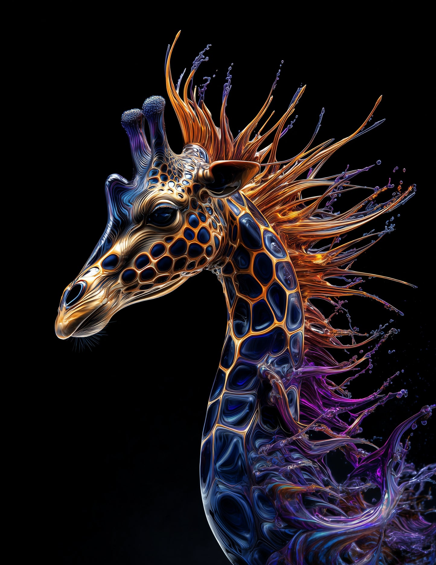 Giraffe — Ferrofluid Art, Violet Burst Digital Wall Art, 3 Sizes Included, Living Room Decor