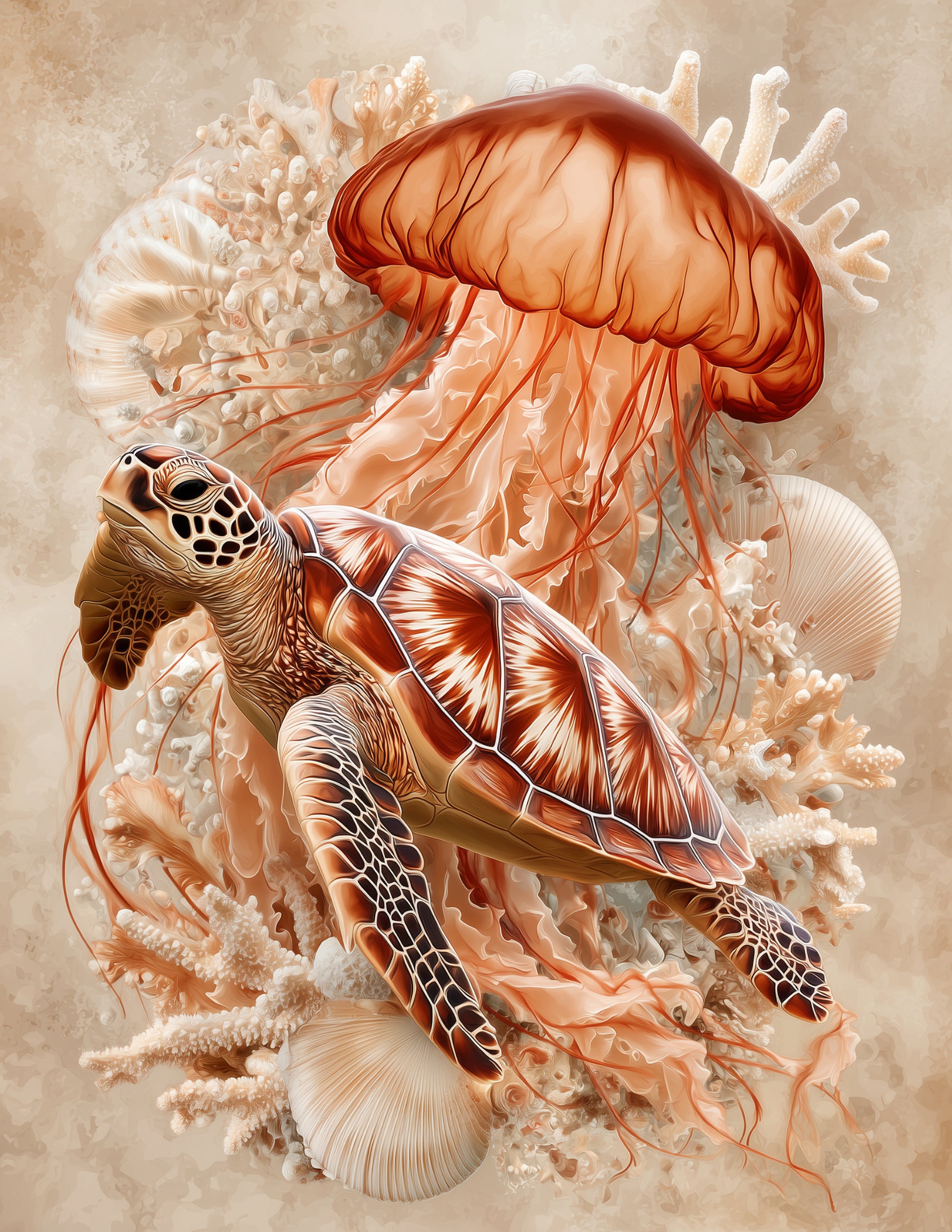 Immortal Jellyfish & Sea Turtle — Boho Amber Calm Duo Wall Art, 3 Sizes Included, Living Room Decor