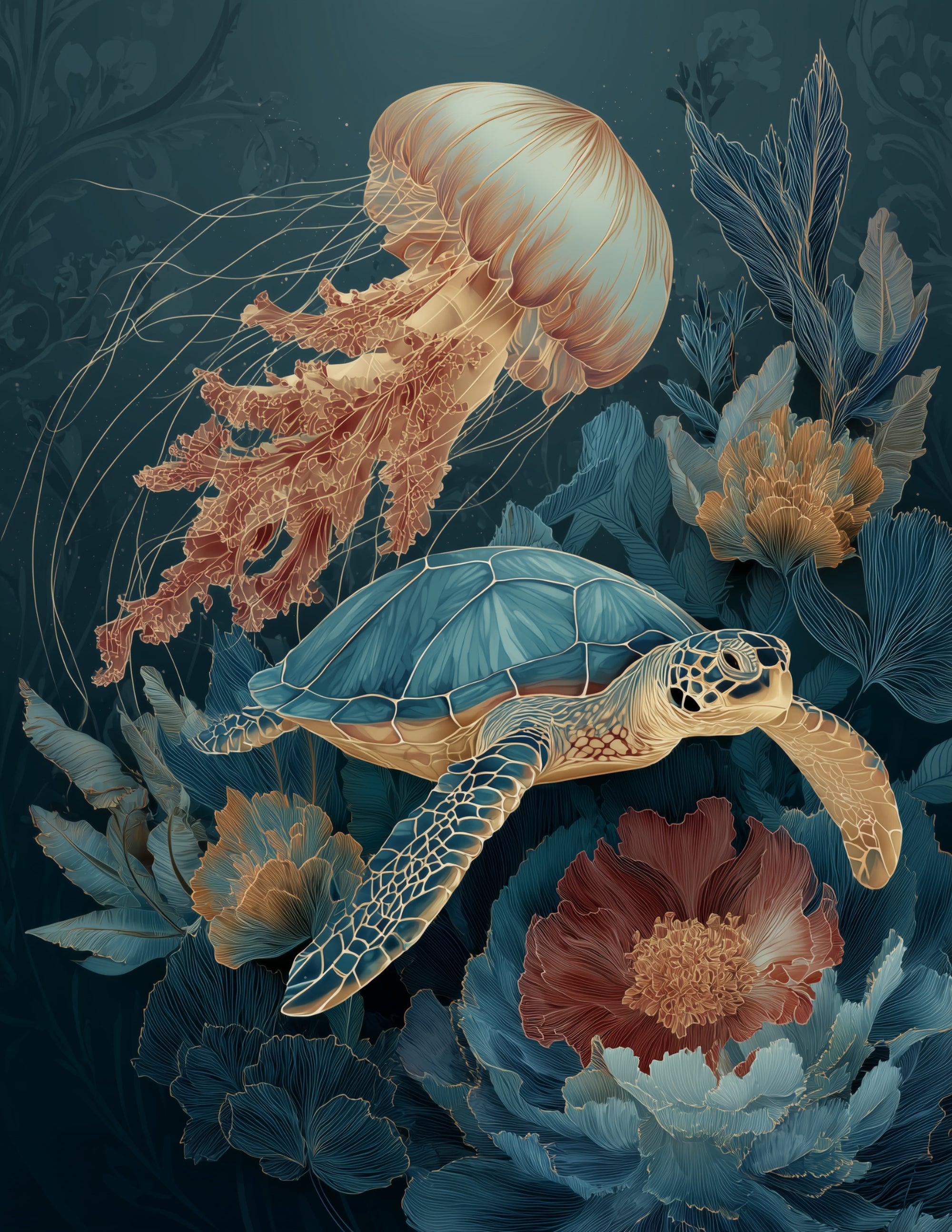 Immortal Jellyfish & Sea Turtle — Boho Amber Hues Duo Wall Art, 3 Sizes Included, Living Room Decor