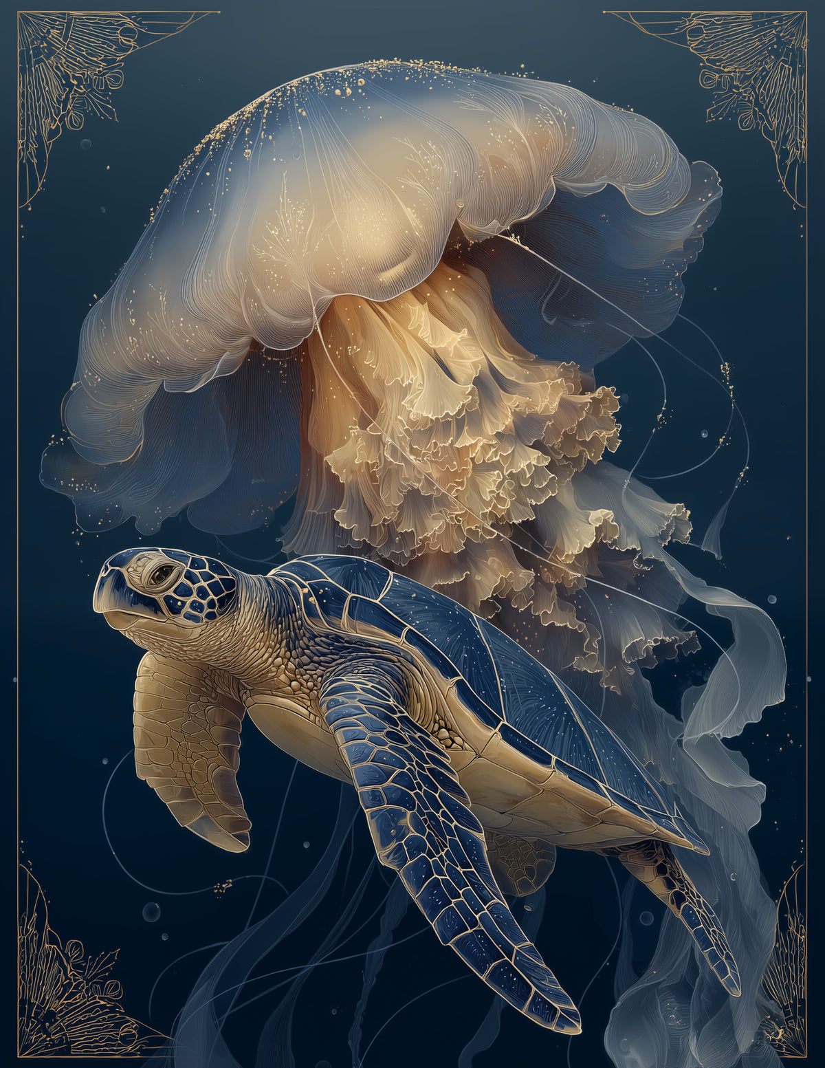 Immortal Jellyfish & Sea Turtle — Boho Amber Tones Duo Wall Art, 3 Sizes Included, Living Room Decor