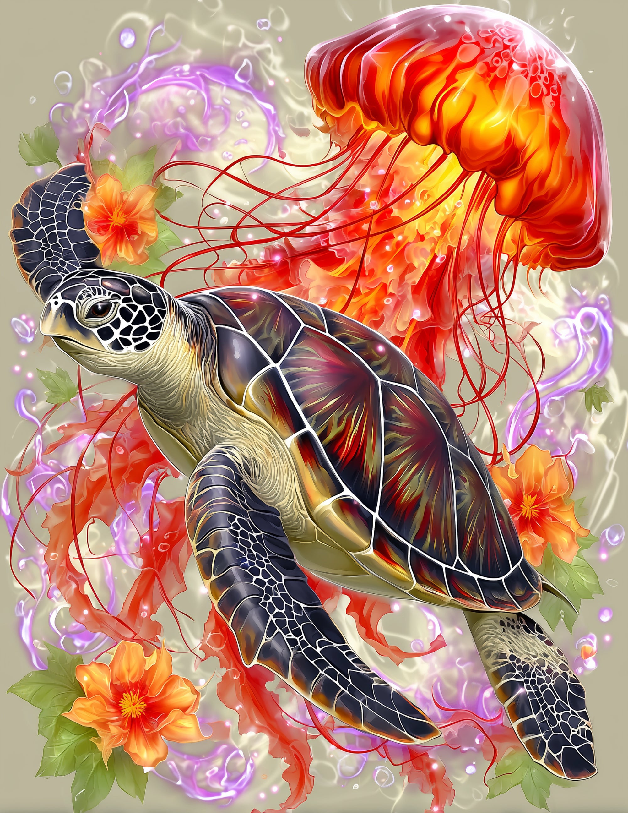 Immortal Jellyfish & Sea Turtle — Boho Coral Bloom Duo Wall Art, 3 Sizes Included, Living Room Decor
