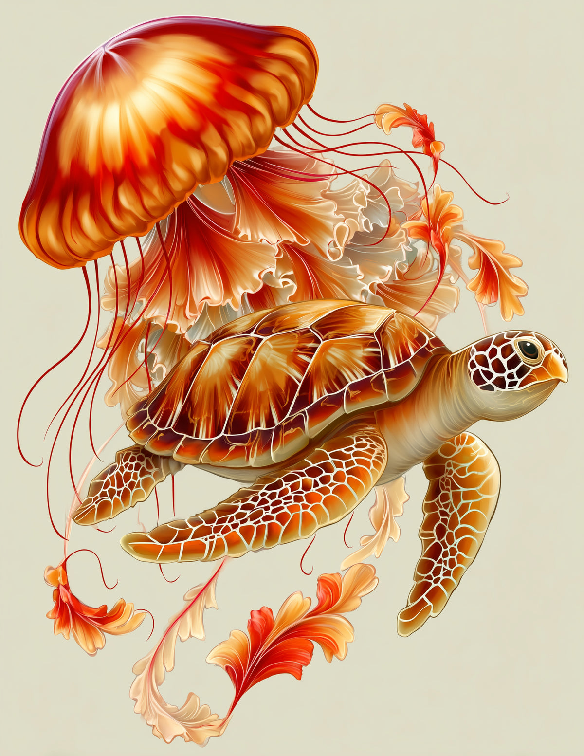 Immortal Jellyfish & Sea Turtle — Boho Coral Pastels Duo Wall Art, 3 Sizes Included, Living Room Decor