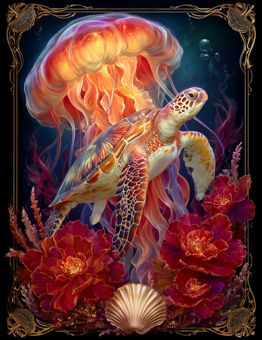 Immortal Jellyfish & Sea Turtle — Boho Coral Tones Duo Wall Art, 3 Sizes Included, Living Room Decor