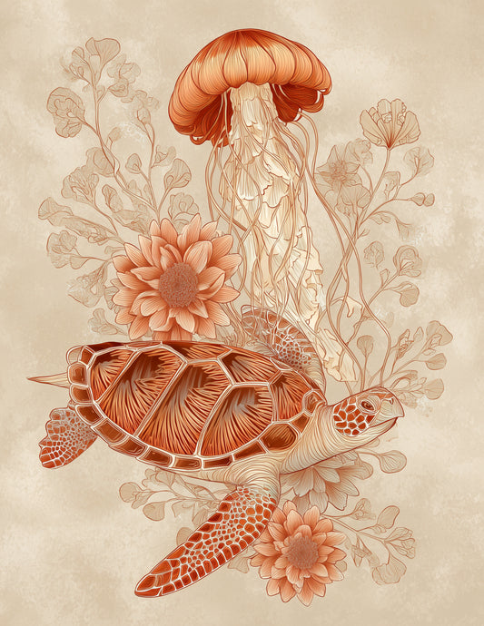 Immortal Jellyfish & Sea Turtle — Boho Forest Calm Duo Wall Art, 3 Sizes Included, Living Room Decor