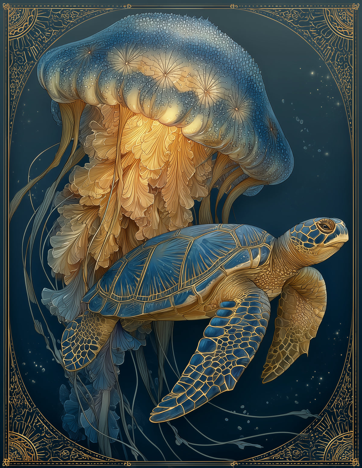 Immortal Jellyfish & Sea Turtle — Boho Forest Hues Duo Wall Art, 3 Sizes Included, Living Room Decor