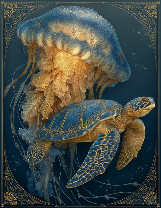 Immortal Jellyfish & Sea Turtle — Boho Forest Hues Duo Wall Art, 3 Sizes Included, Living Room Decor