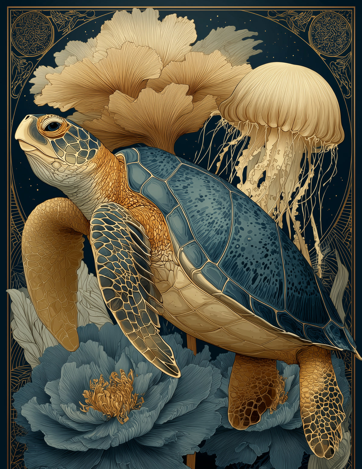 Immortal Jellyfish & Sea Turtle — Boho Midnight Palette Duo Wall Art, 3 Sizes Included, Living Room Decor