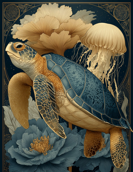 Immortal Jellyfish & Sea Turtle — Boho Midnight Palette Duo Wall Art, 3 Sizes Included, Living Room Decor