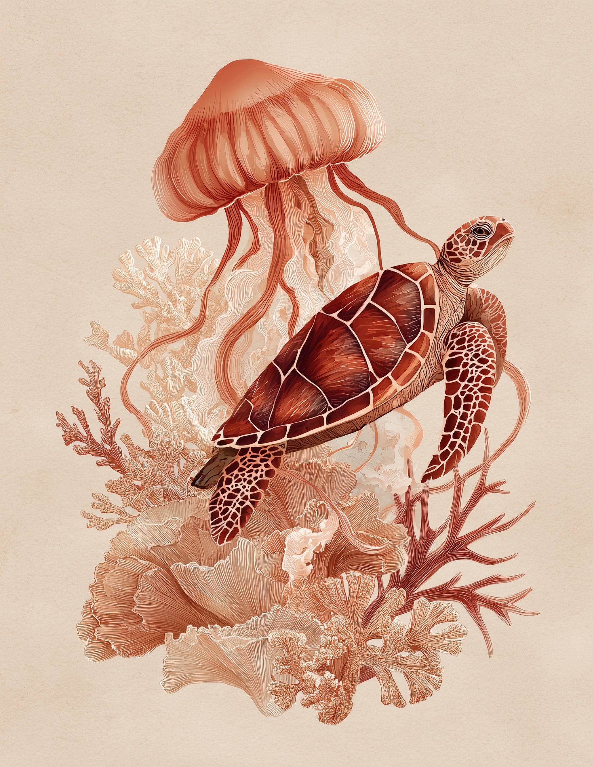 Immortal Jellyfish & Sea Turtle — Boho Sapphire Contrast Duo Wall Art, 3 Sizes Included, Living Room Decor