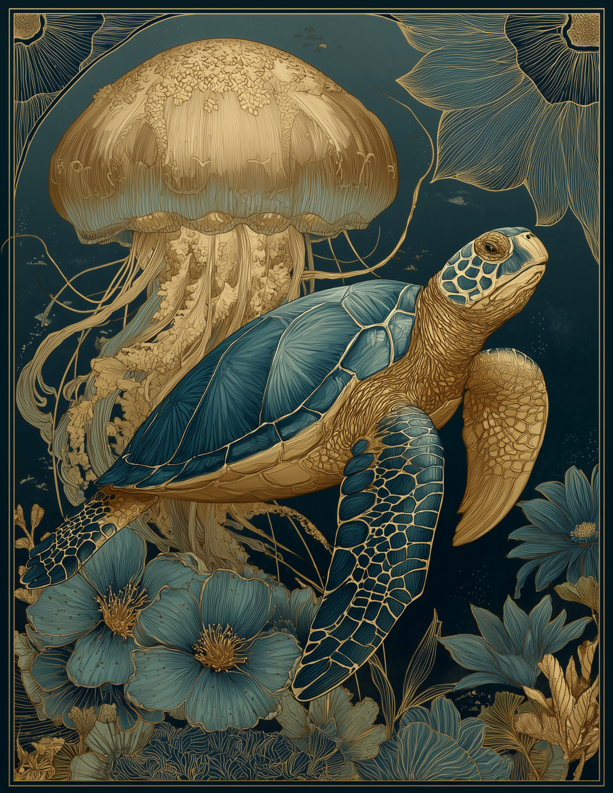 Immortal Jellyfish & Sea Turtle — Boho Sapphire Mist Duo Wall Art, 3 Sizes Included, Living Room Decor