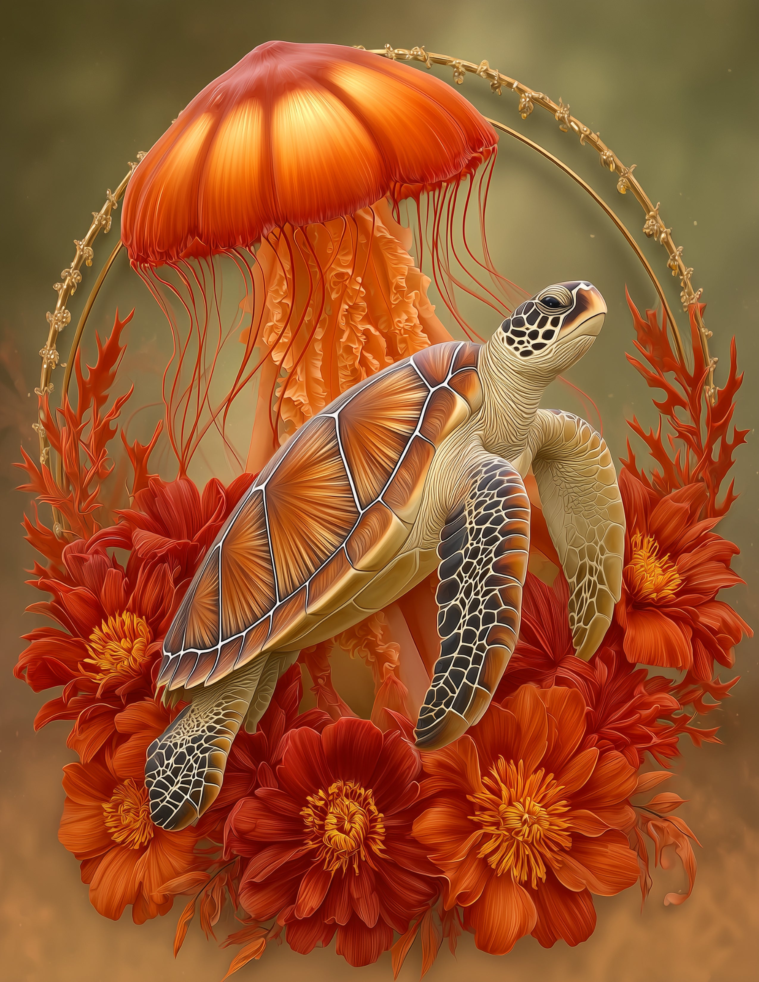 Immortal Jellyfish & Sea Turtle — Boho Serene Tones Duo Wall Art, 3 Sizes Included, Living Room Decor
