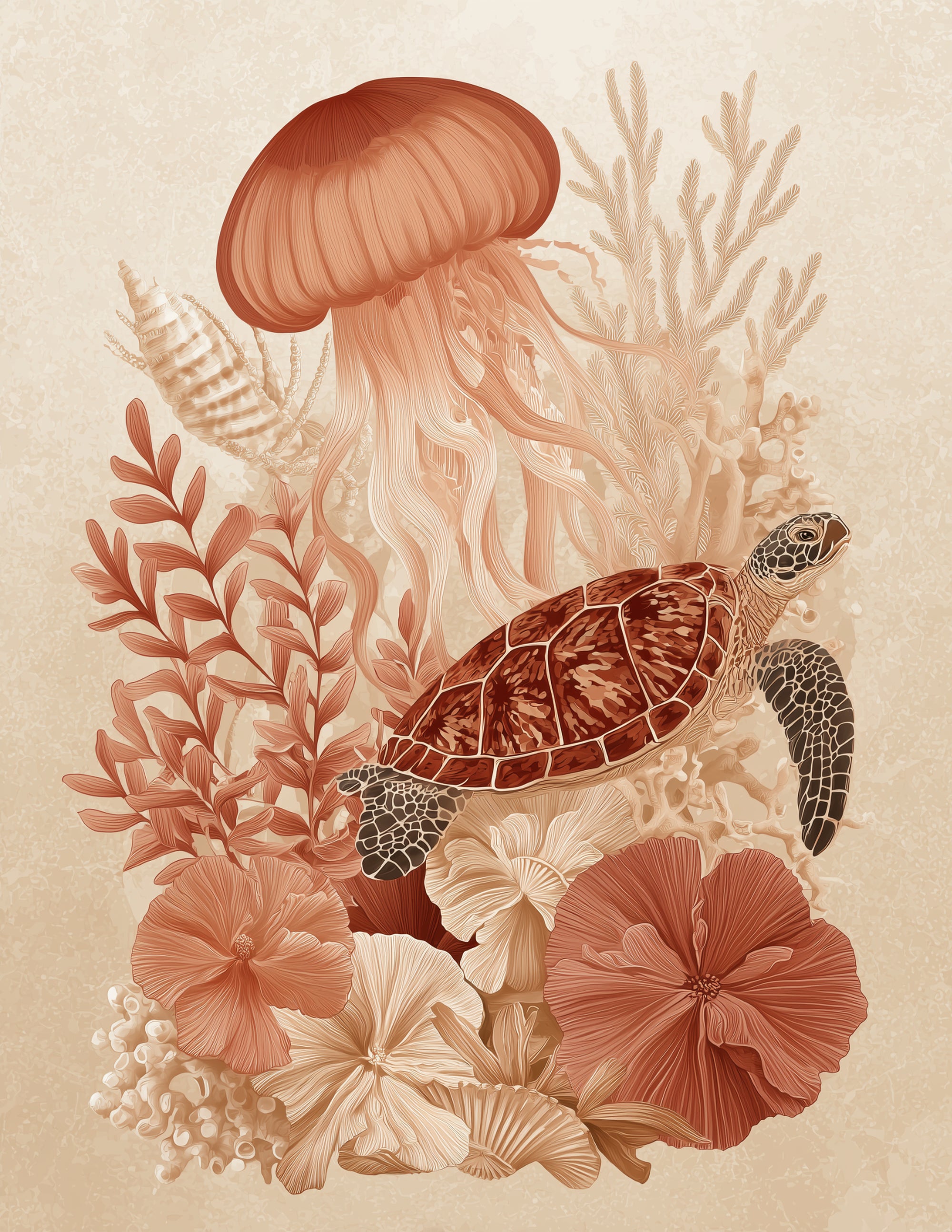 Immortal Jellyfish & Sea Turtle — Boho Sunset Hues Duo Wall Art, 3 Sizes Included, Living Room Decor