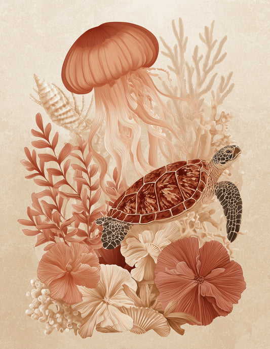 Immortal Jellyfish & Sea Turtle — Boho Sunset Hues Duo Wall Art, 3 Sizes Included, Living Room Decor