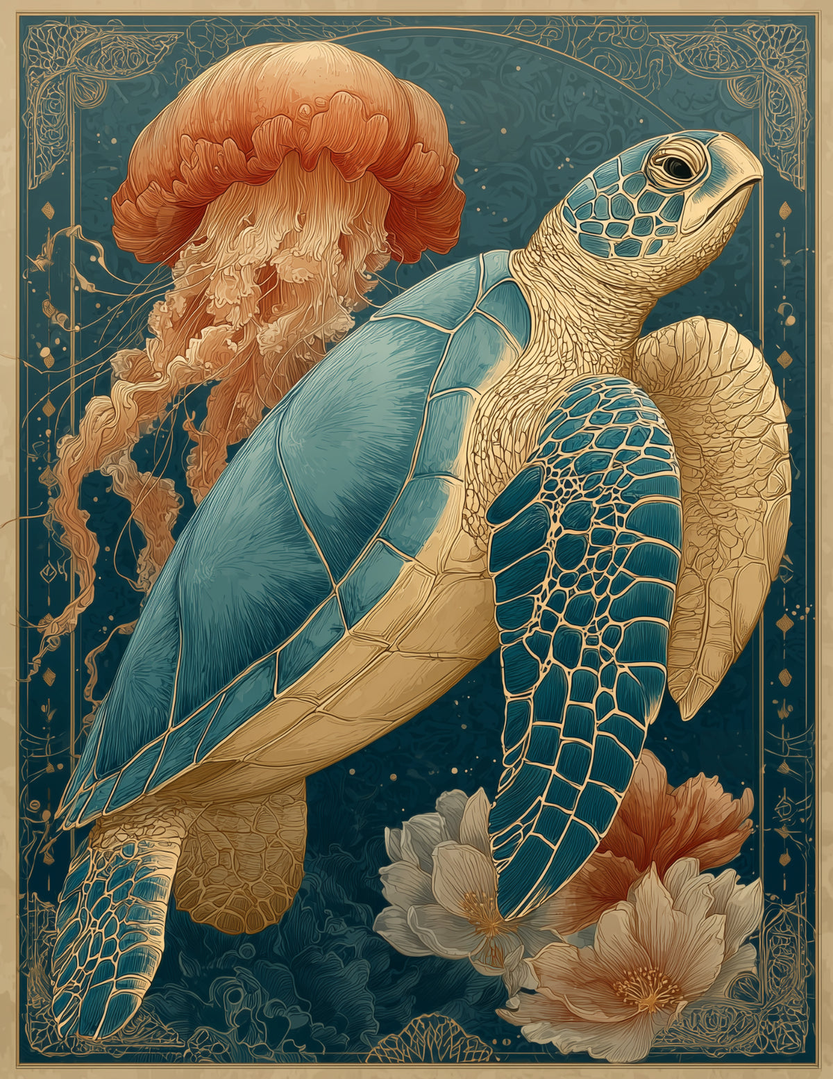 Immortal Jellyfish & Sea Turtle — Boho Sunset Palette Duo Wall Art, 3 Sizes Included, Living Room Decor