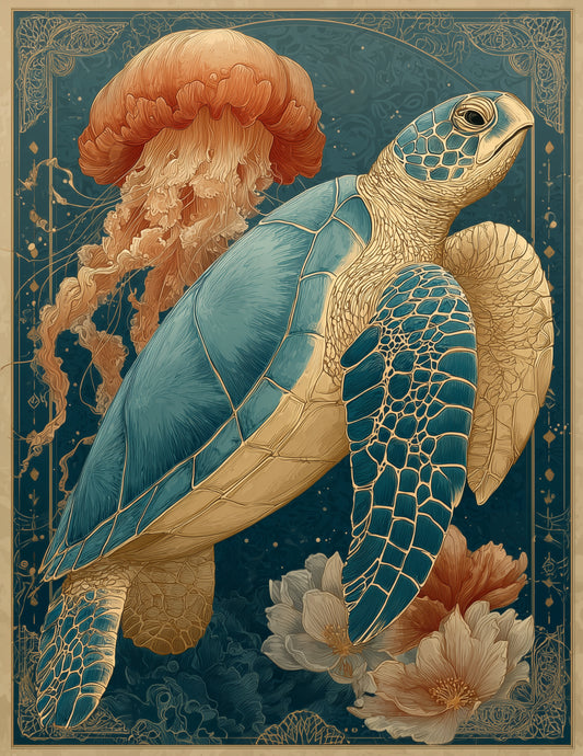 Immortal Jellyfish & Sea Turtle — Boho Sunset Palette Duo Wall Art, 3 Sizes Included, Living Room Decor