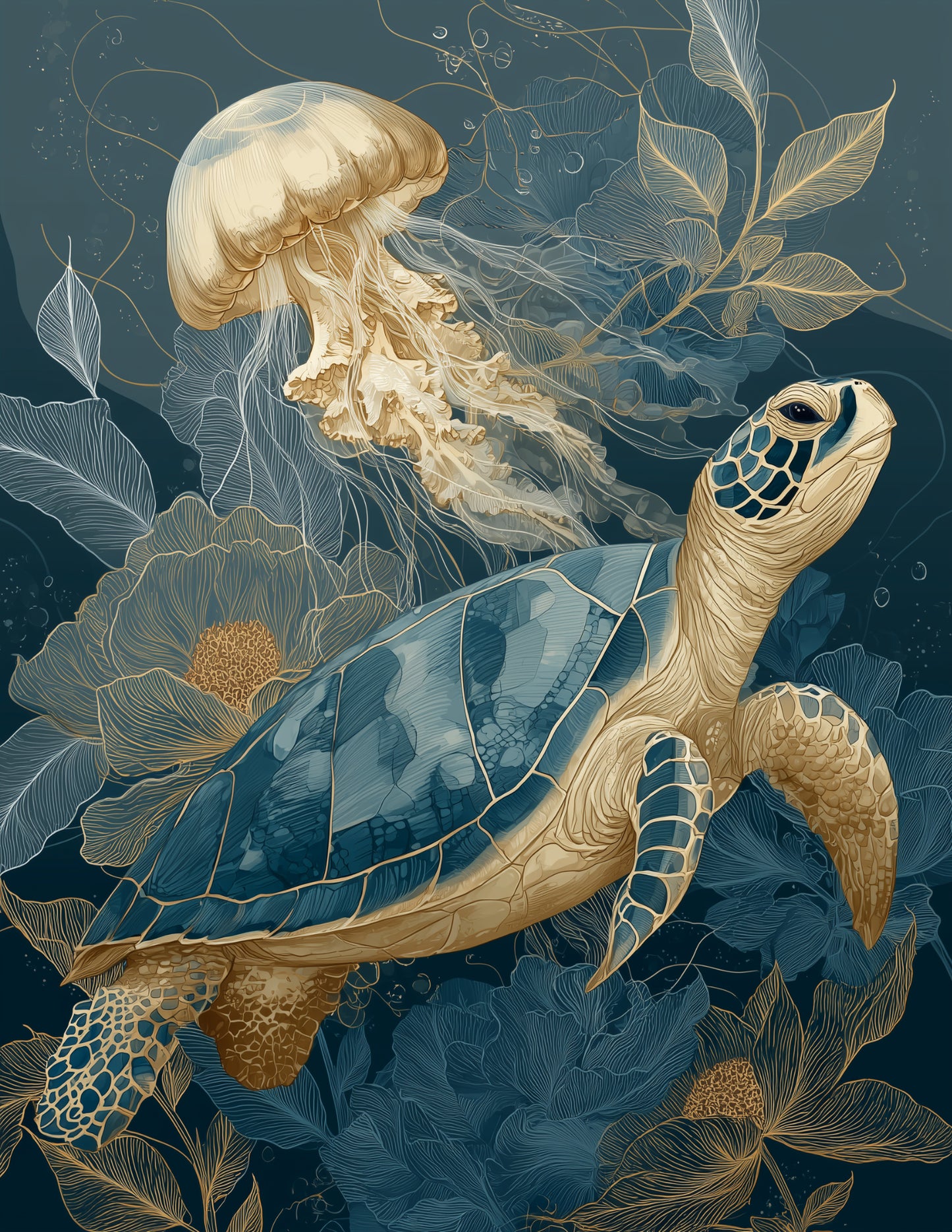 Immortal Jellyfish & Sea Turtle — Boho Sunset Tones Duo Wall Art, 3 Sizes Included, Living Room Decor
