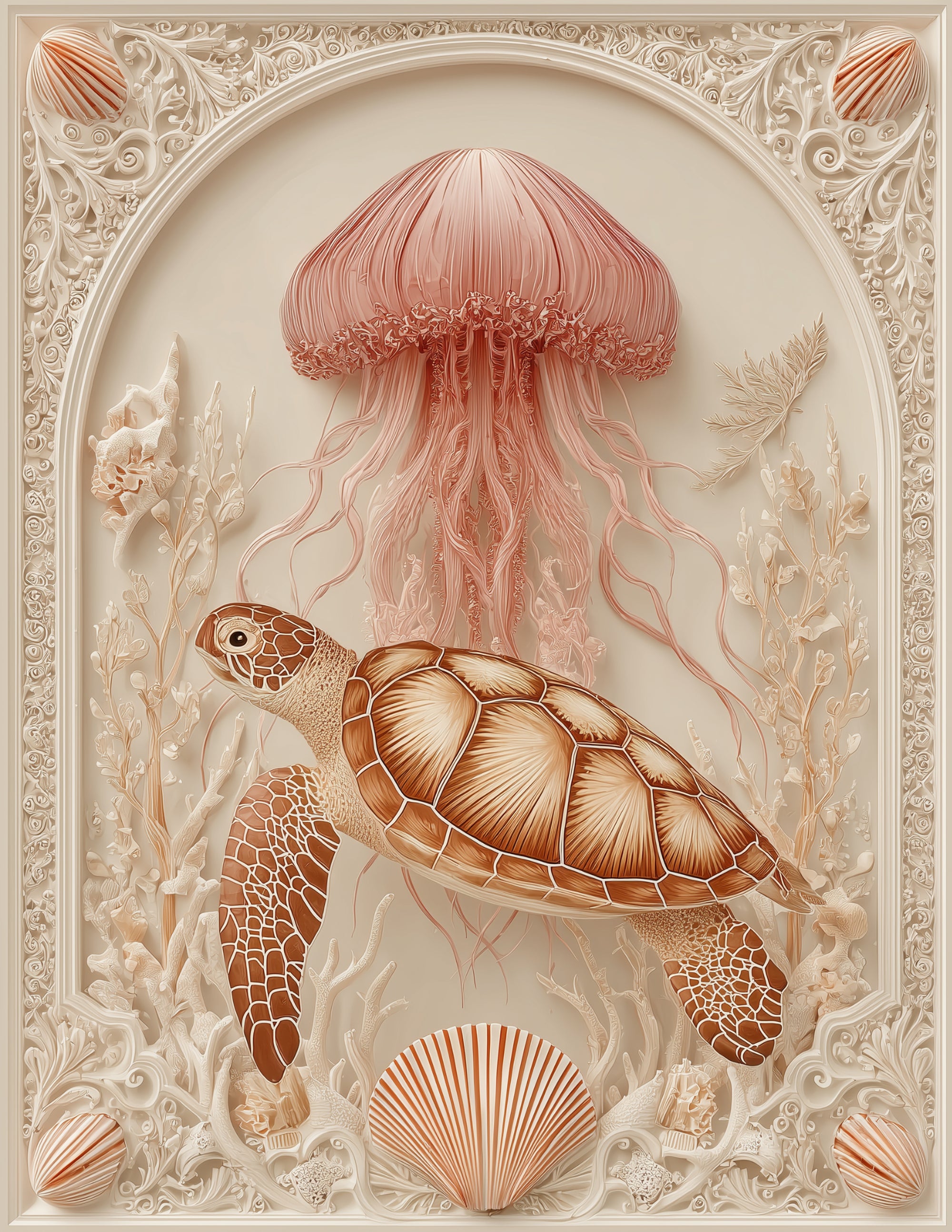 Immortal Jellyfish & Sea Turtle — Boho Teal Bloom Duo Wall Art, 3 Sizes Included, Living Room Decor