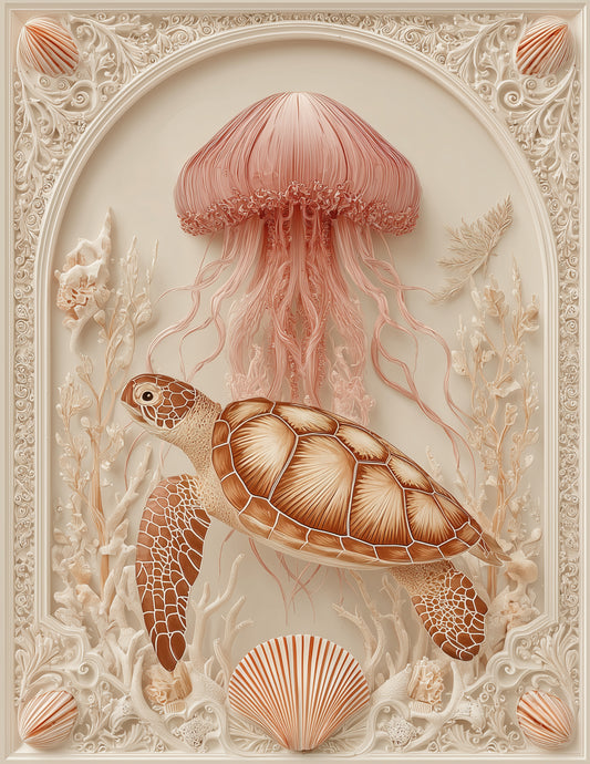 Immortal Jellyfish & Sea Turtle — Boho Teal Bloom Duo Wall Art, 3 Sizes Included, Living Room Decor