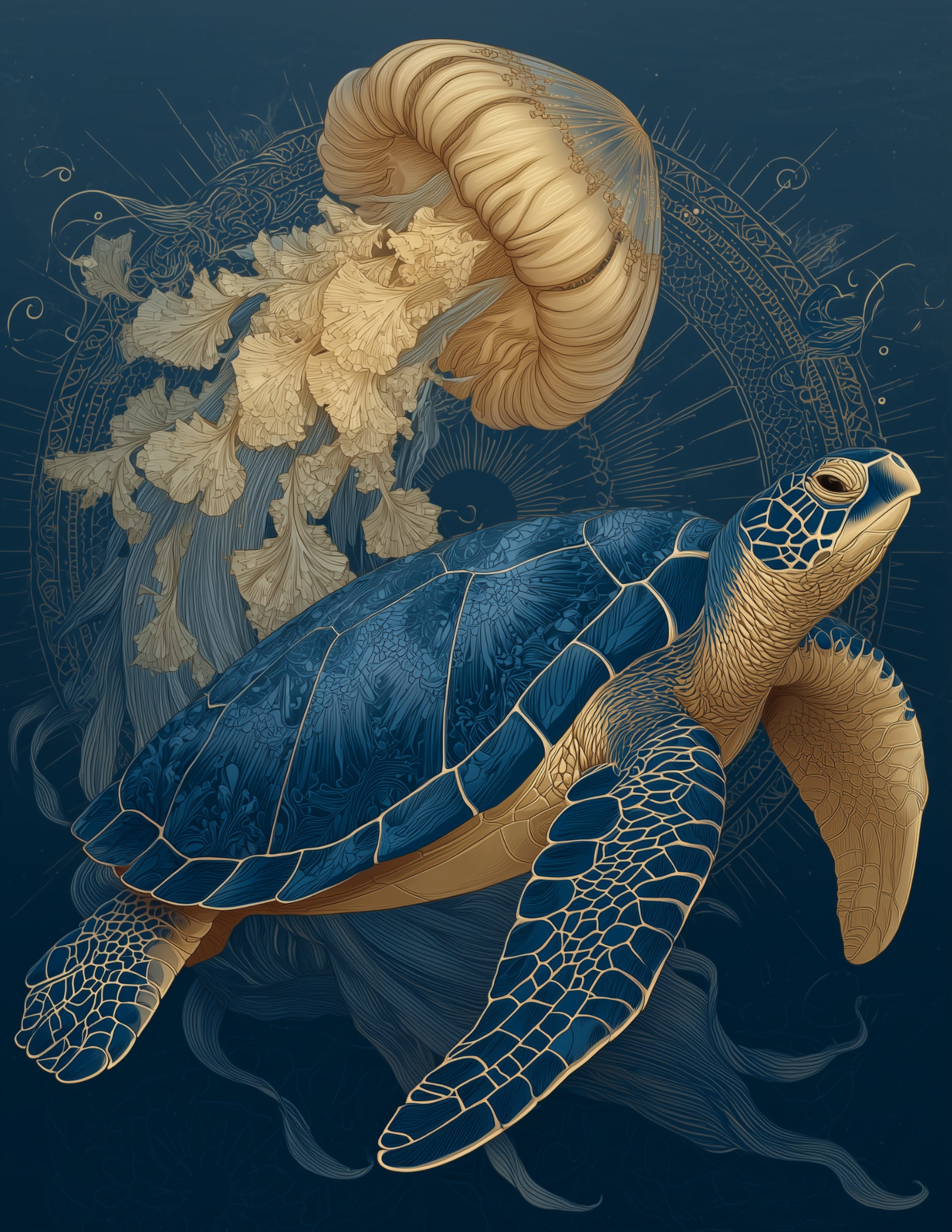 Immortal Jellyfish & Sea Turtle — Boho Teal Calm Duo Wall Art, 3 Sizes Included, Living Room Decor
