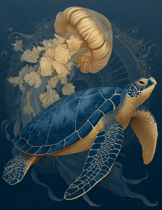 Immortal Jellyfish & Sea Turtle — Boho Teal Calm Duo Wall Art, 3 Sizes Included, Living Room Decor