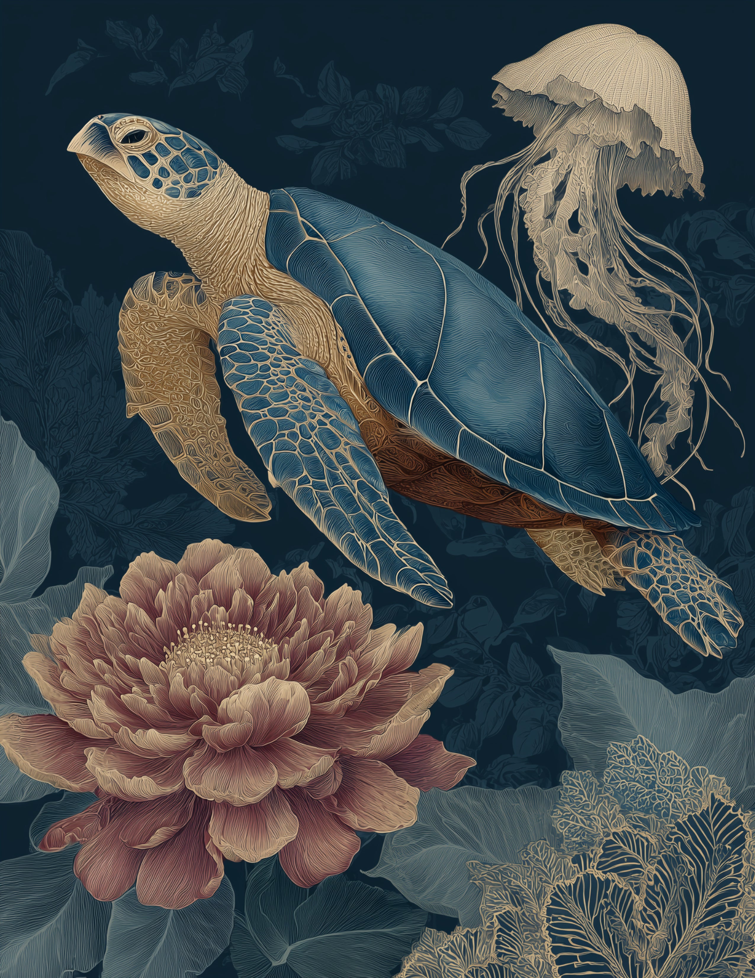 Immortal Jellyfish & Sea Turtle — Boho Teal Mist Duo Wall Art, 3 Sizes Included, Living Room Decor