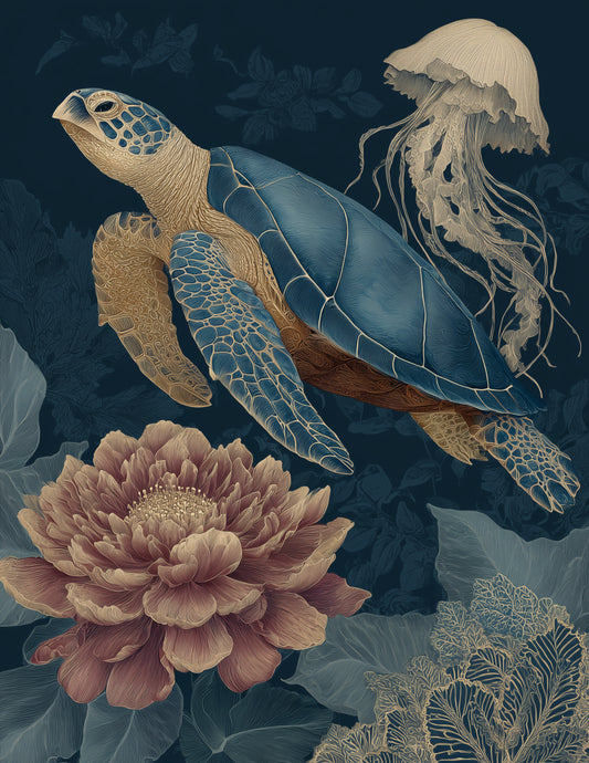 Immortal Jellyfish & Sea Turtle — Boho Teal Mist Duo Wall Art, 3 Sizes Included, Living Room Decor