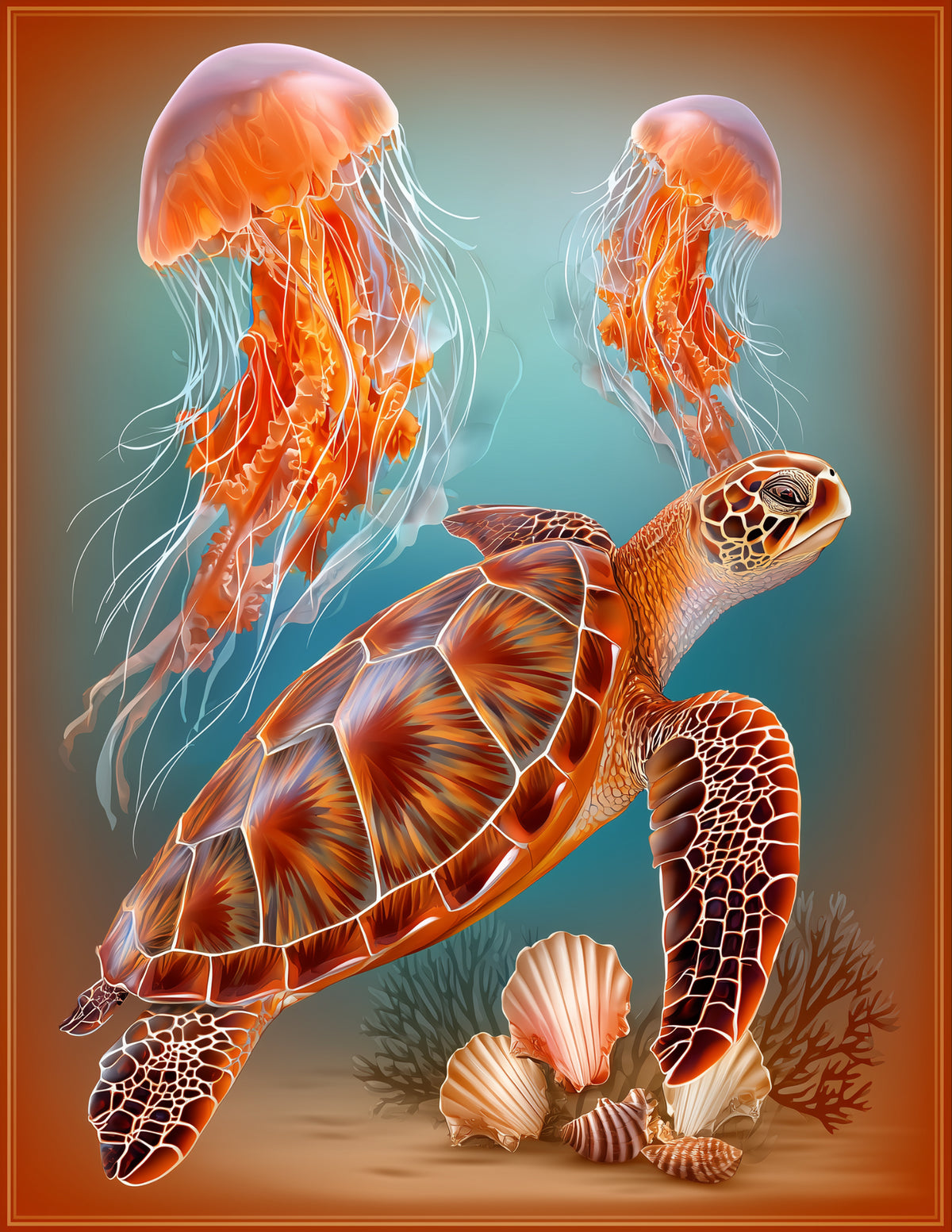 Immortal Jellyfish & Sea Turtle — Boho Warm Pastels Duo Wall Art, 3 Sizes Included, Living Room Decor
