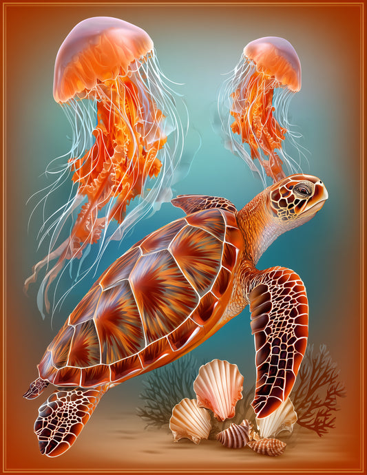 Immortal Jellyfish & Sea Turtle — Boho Warm Pastels Duo Wall Art, 3 Sizes Included, Living Room Decor