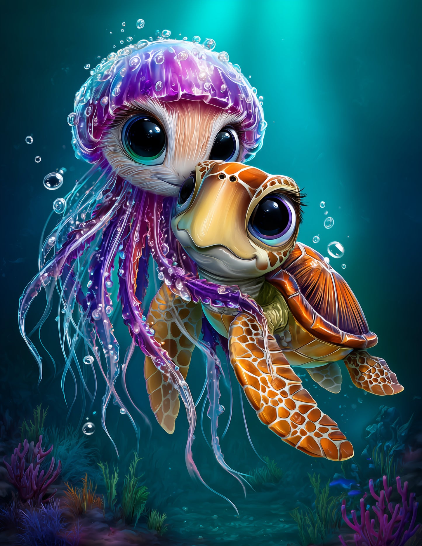 Immortal Jellyfish & Sea Turtle — Cute Cartoon Coral Palette Duo Wall Art, 3 Sizes Included, Nursery Decor