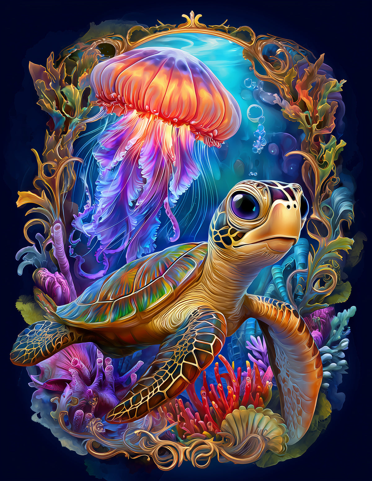 Immortal Jellyfish & Sea Turtle — Cute Cartoon Midnight Tones Duo Wall Art, 3 Sizes Included, Nursery Decor