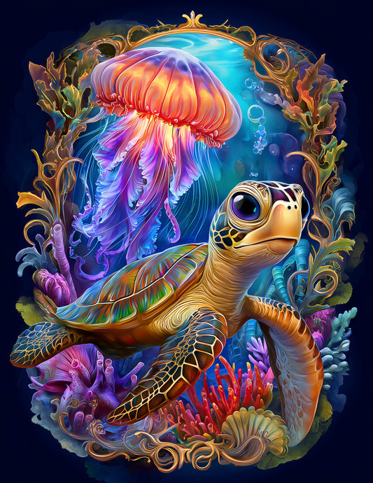 Immortal Jellyfish & Sea Turtle — Cute Cartoon Midnight Tones Duo Wall Art, 3 Sizes Included, Nursery Decor