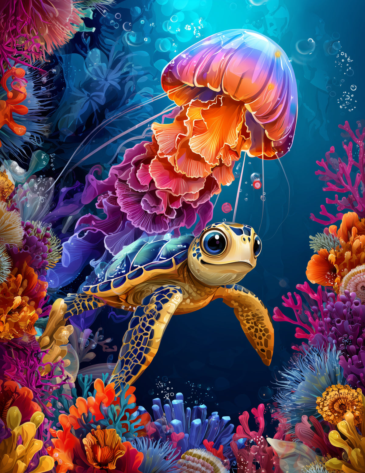 Immortal Jellyfish & Sea Turtle — Cute Cartoon Sapphire Mist Duo Wall Art, 3 Sizes Included, Nursery Decor