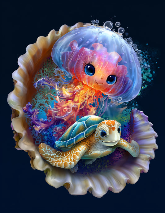 Immortal Jellyfish & Sea Turtle — Cute Cartoon Serene Pastels Duo Wall Art, 3 Sizes Included, Nursery Decor