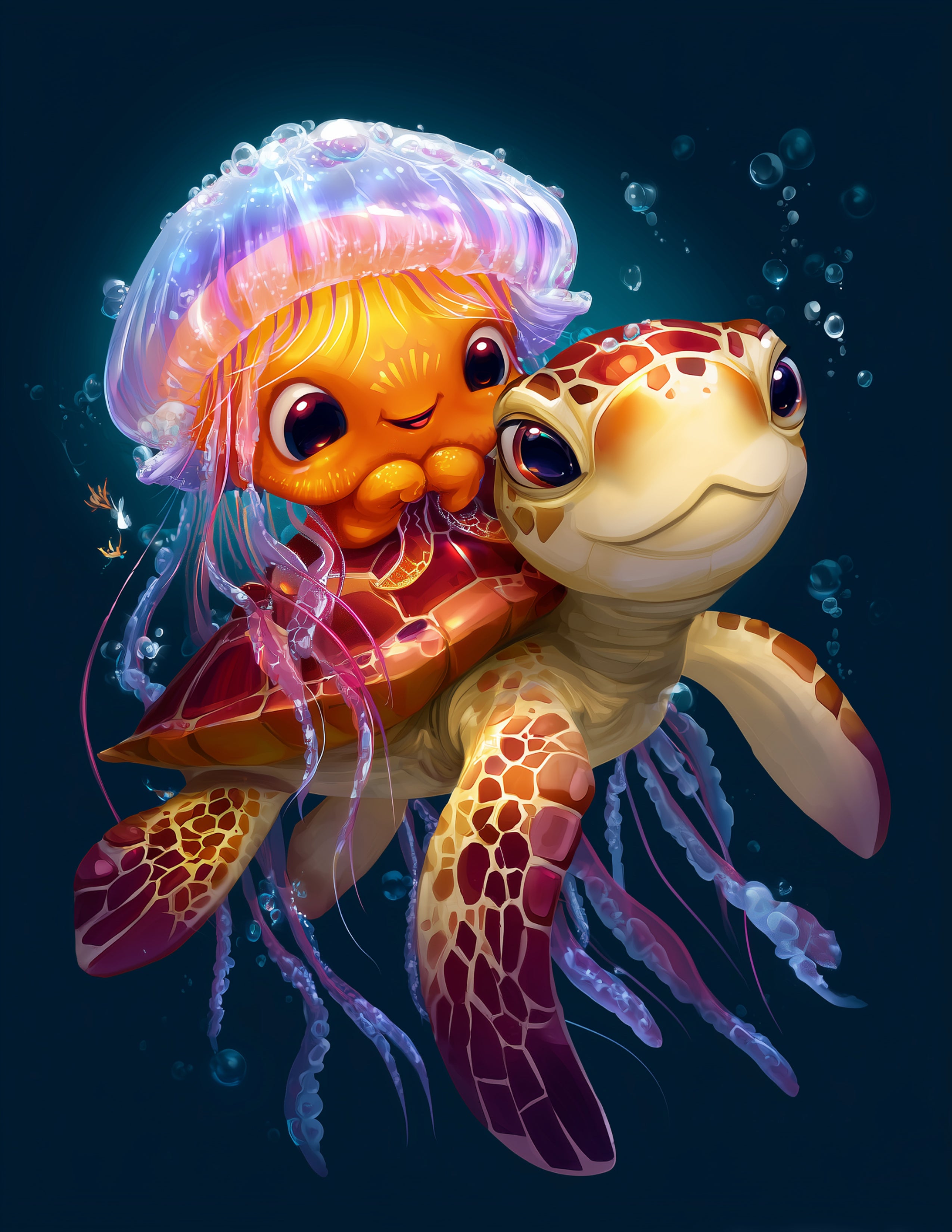 Immortal Jellyfish & Sea Turtle — Cute Cartoon Soft Pastels Duo Wall Art, 3 Sizes Included, Nursery Decor