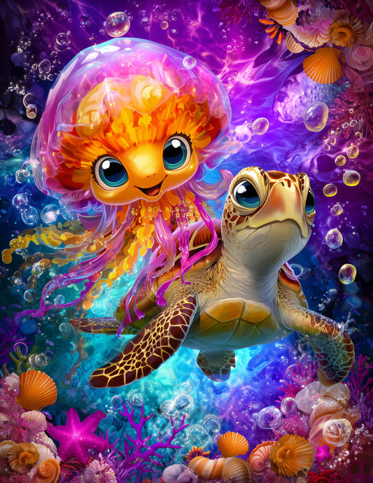 Immortal Jellyfish & Sea Turtle — Cute Cartoon Sunset Tones Duo Wall Art, 3 Sizes Included, Nursery Decor