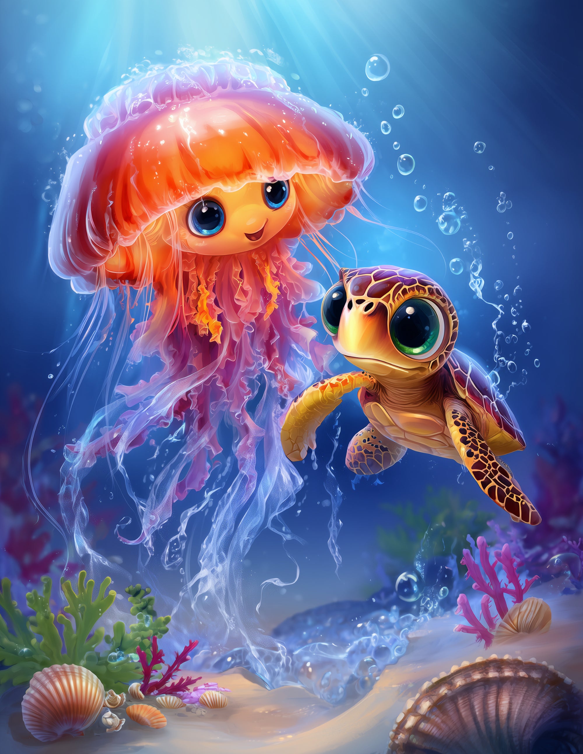 Immortal Jellyfish & Sea Turtle — Cute Cartoon Teal Gradients Duo Wall Art, 3 Sizes Included, Nursery Decor