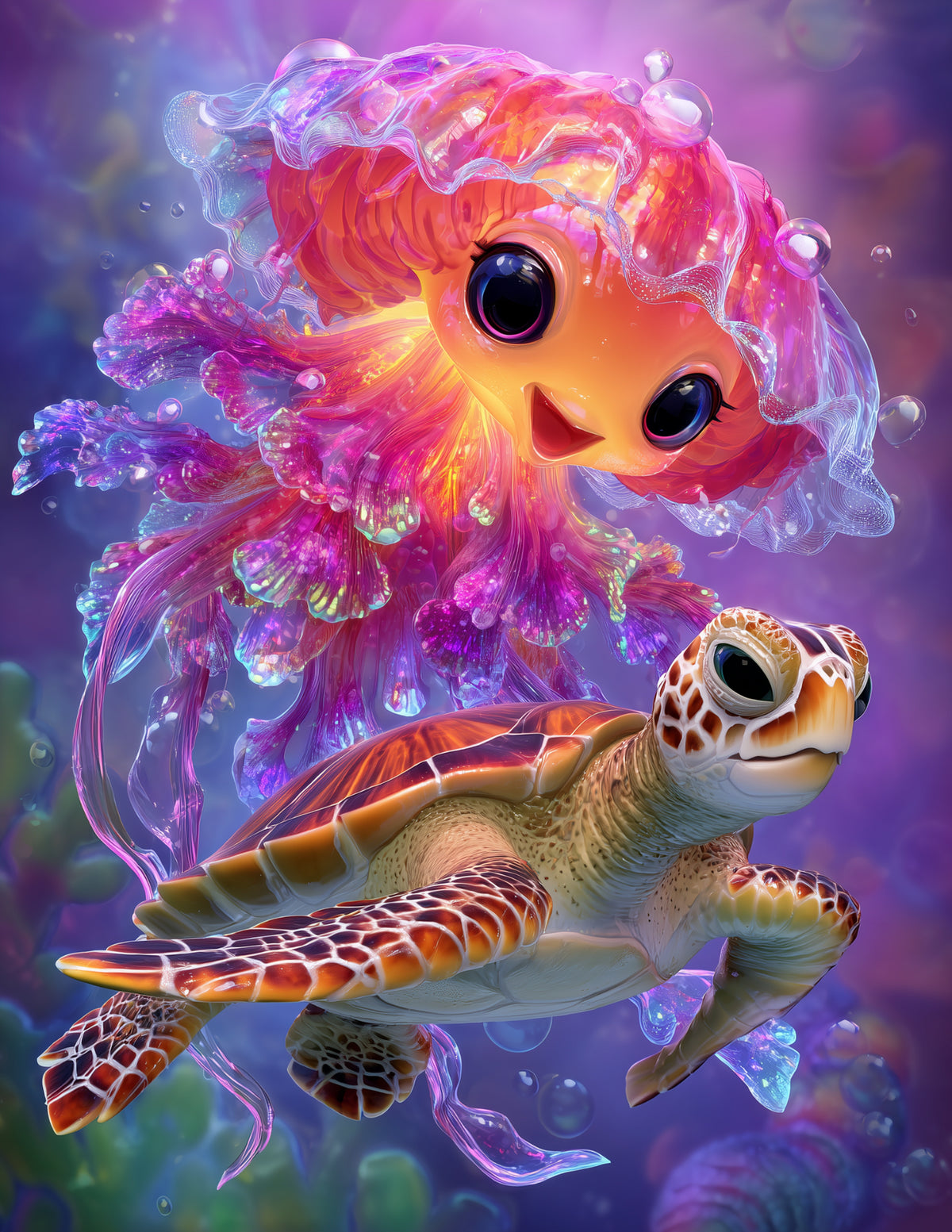 Immortal Jellyfish & Sea Turtle — Cute Cartoon Vibrant Palette Duo Wall Art, 3 Sizes Included, Nursery Decor