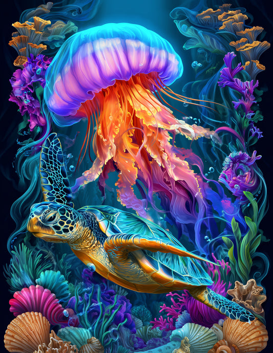 Immortal Jellyfish & Sea Turtle — Fantasy Coral Palette Duo Wall Art, 3 Sizes Included, Living Room Decor