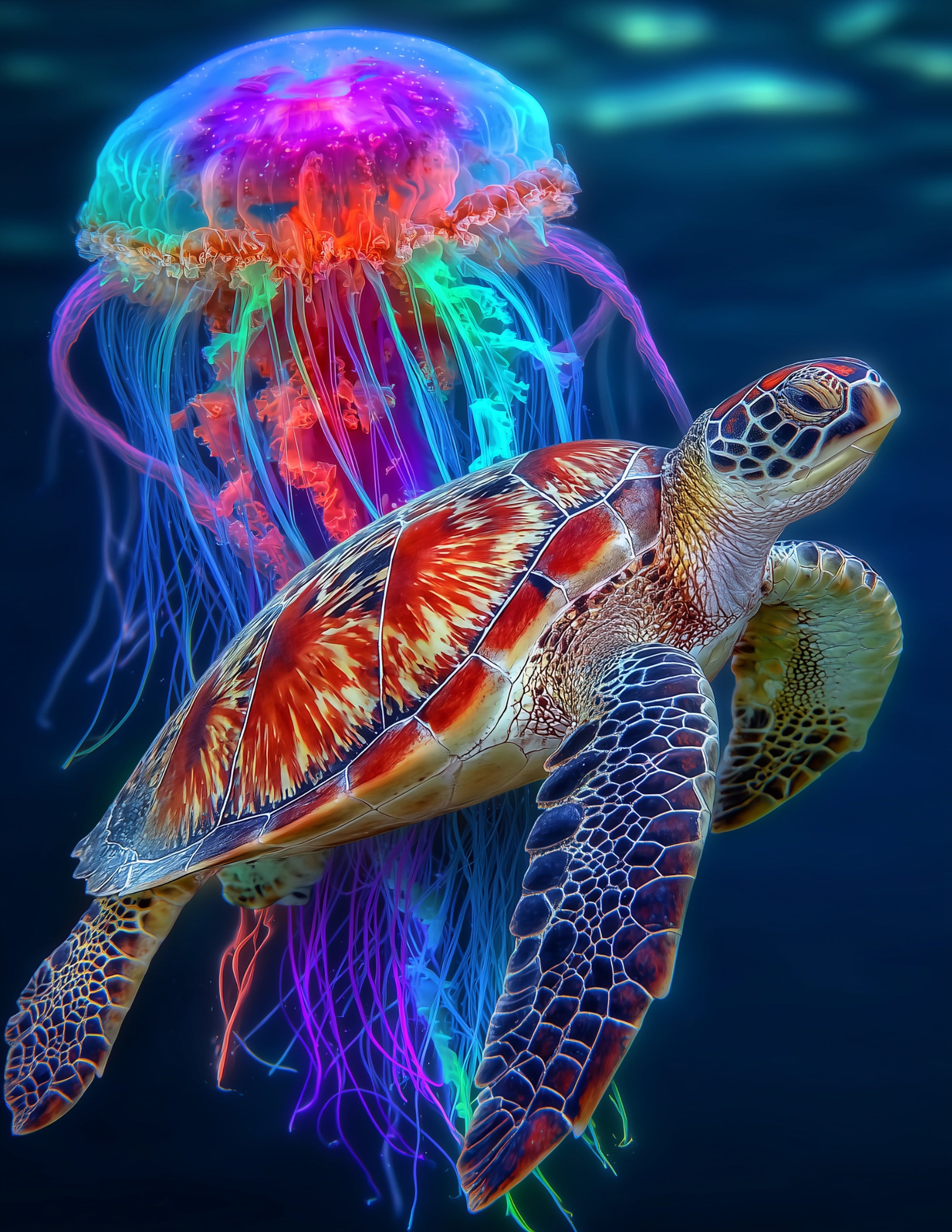 Immortal Jellyfish & Sea Turtle — Fantasy Emerald Mist Duo Wall Art, 3 Sizes Included, Living Room Decor