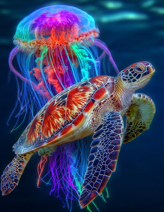 Immortal Jellyfish & Sea Turtle — Fantasy Emerald Mist Duo Wall Art, 3 Sizes Included, Living Room Decor