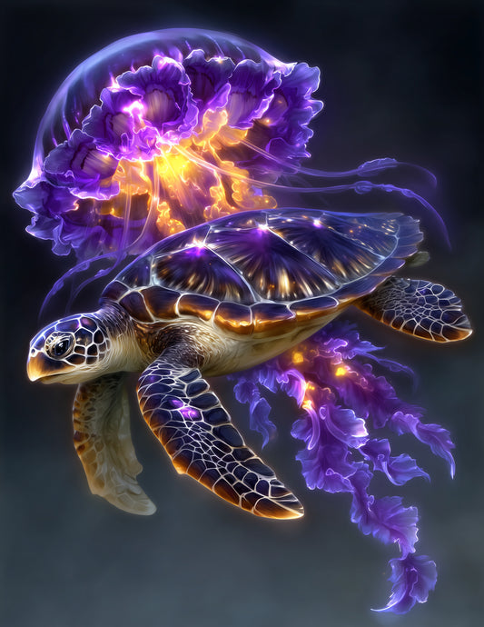 Immortal Jellyfish & Sea Turtle — Fantasy Forest Pastels Duo Wall Art, 3 Sizes Included, Living Room Decor