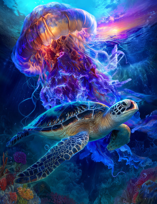 Immortal Jellyfish & Sea Turtle — Fantasy Midnight Contrast Duo Wall Art, 3 Sizes Included, Living Room Decor