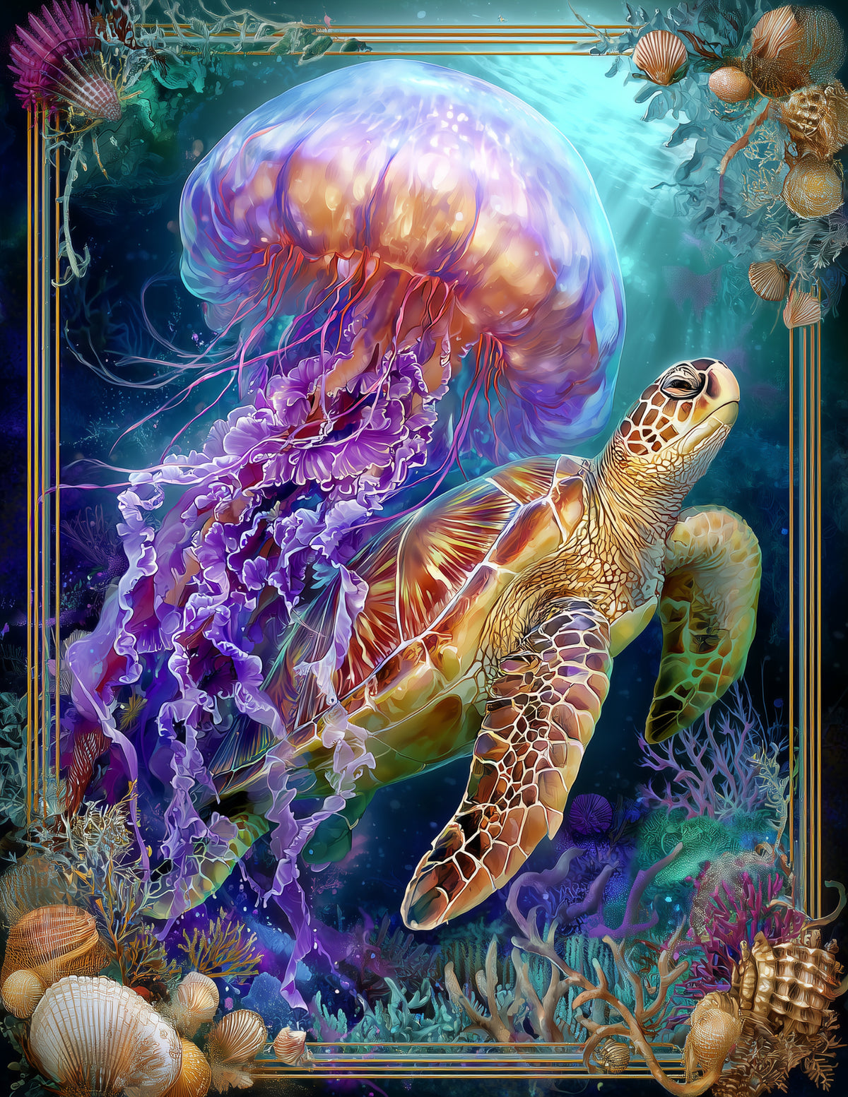 Immortal Jellyfish & Sea Turtle — Fantasy Sapphire Tones Duo Wall Art, 3 Sizes Included, Living Room Decor