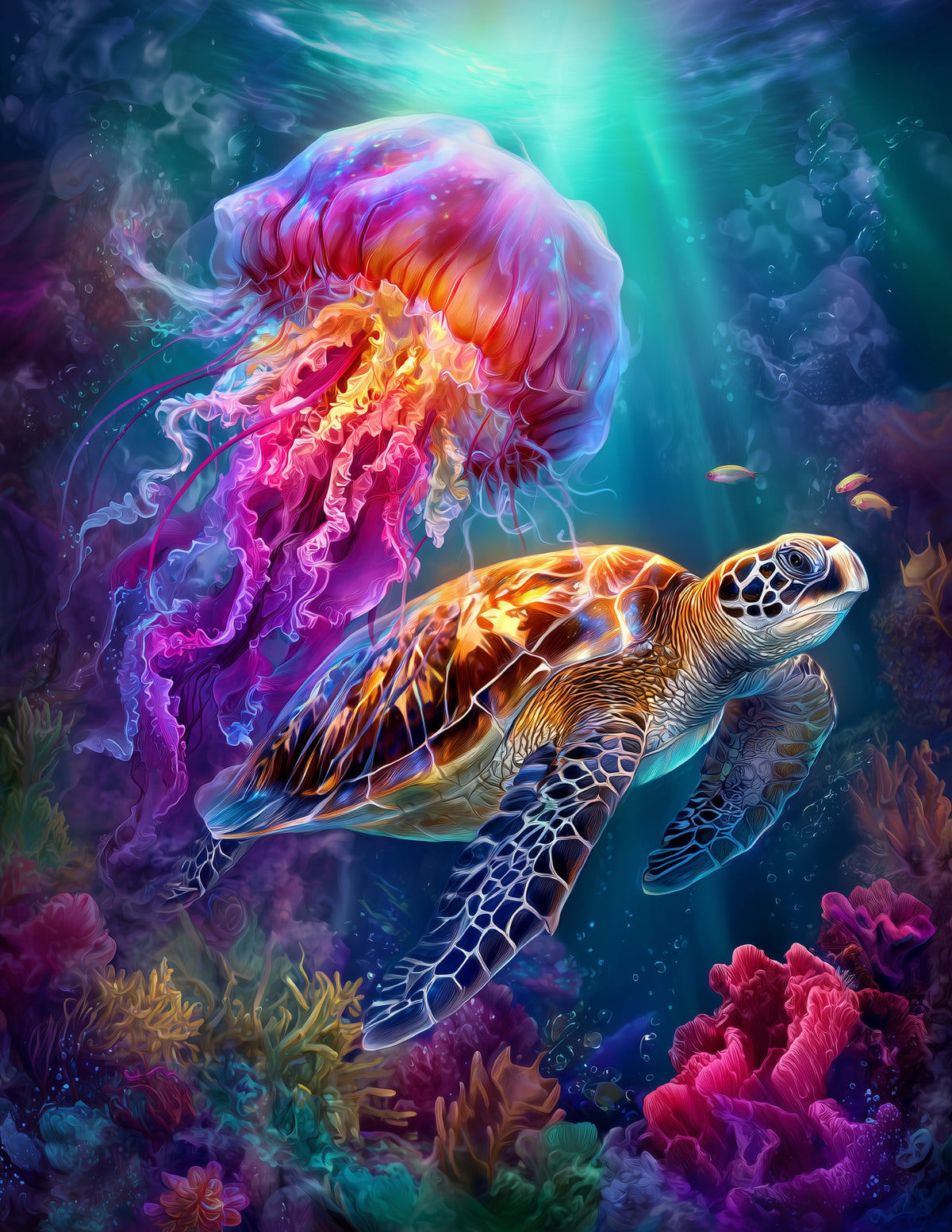 Immortal Jellyfish & Sea Turtle — Fantasy Serene Tones Duo Wall Art, 3 Sizes Included, Living Room Decor