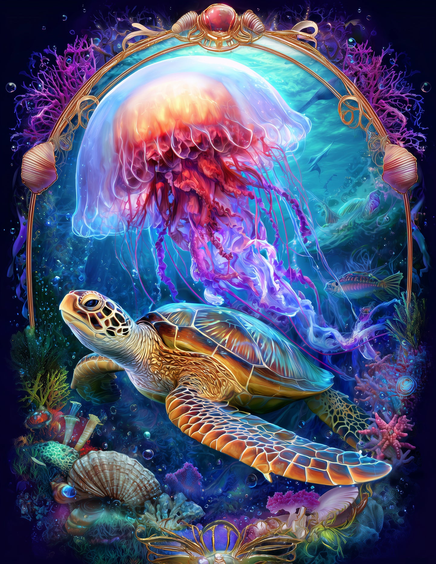 Immortal Jellyfish & Sea Turtle — Fantasy Sunset Hues Duo Wall Art, 3 Sizes Included, Living Room Decor