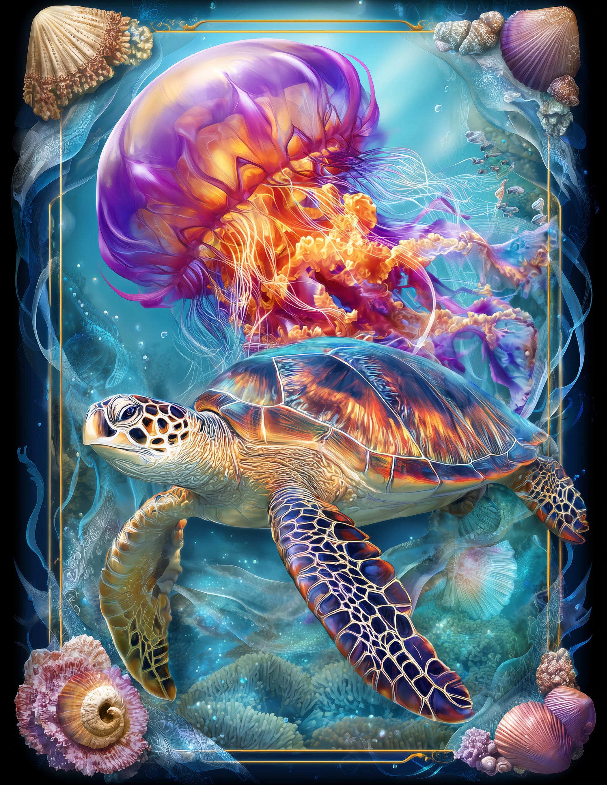 Immortal Jellyfish & Sea Turtle — Fantasy Teal Gradients Duo Wall Art, 3 Sizes Included, Living Room Decor