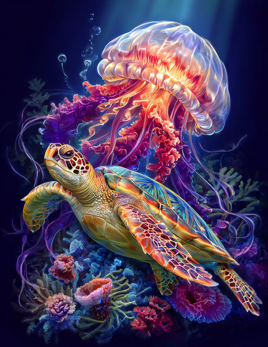 Immortal Jellyfish & Sea Turtle — Fantasy Violet Bloom Duo Wall Art, 3 Sizes Included, Living Room Decor