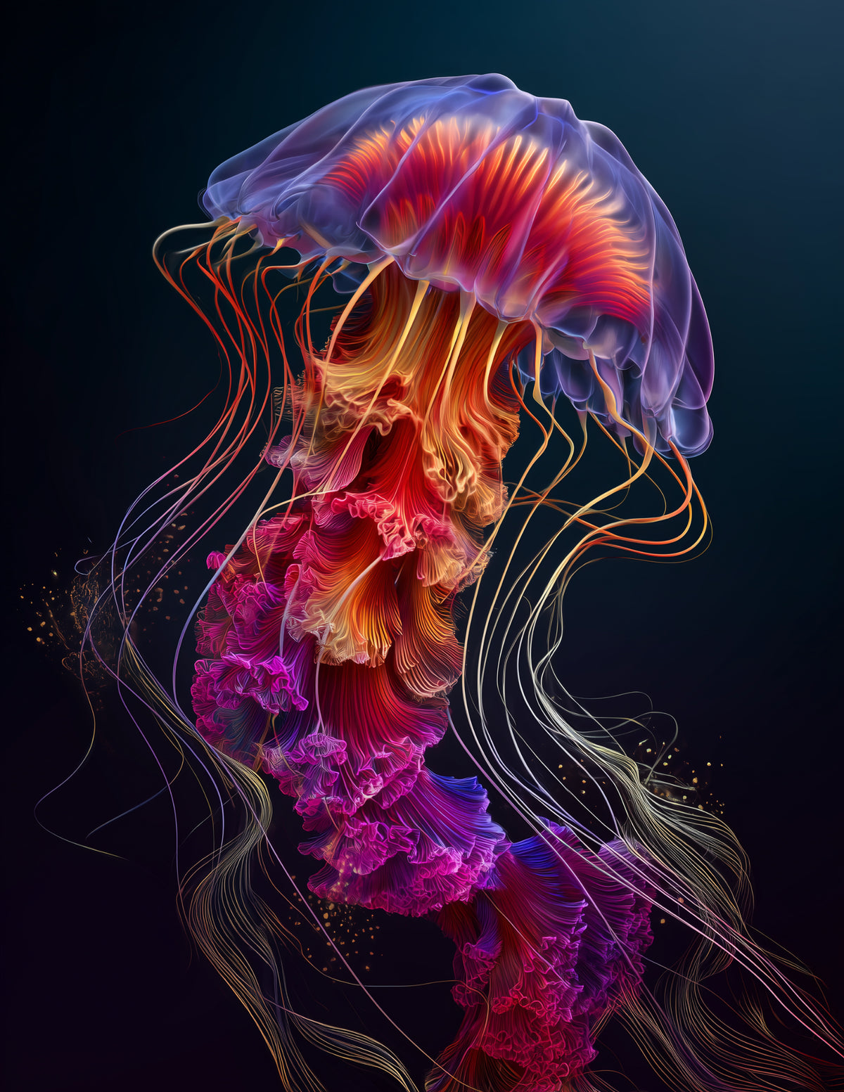 Immortal Jellyfish — Chromatic Filament Art, Midnight Contrast Digital Wall Art, 3 Sizes Included, Living Room Decor