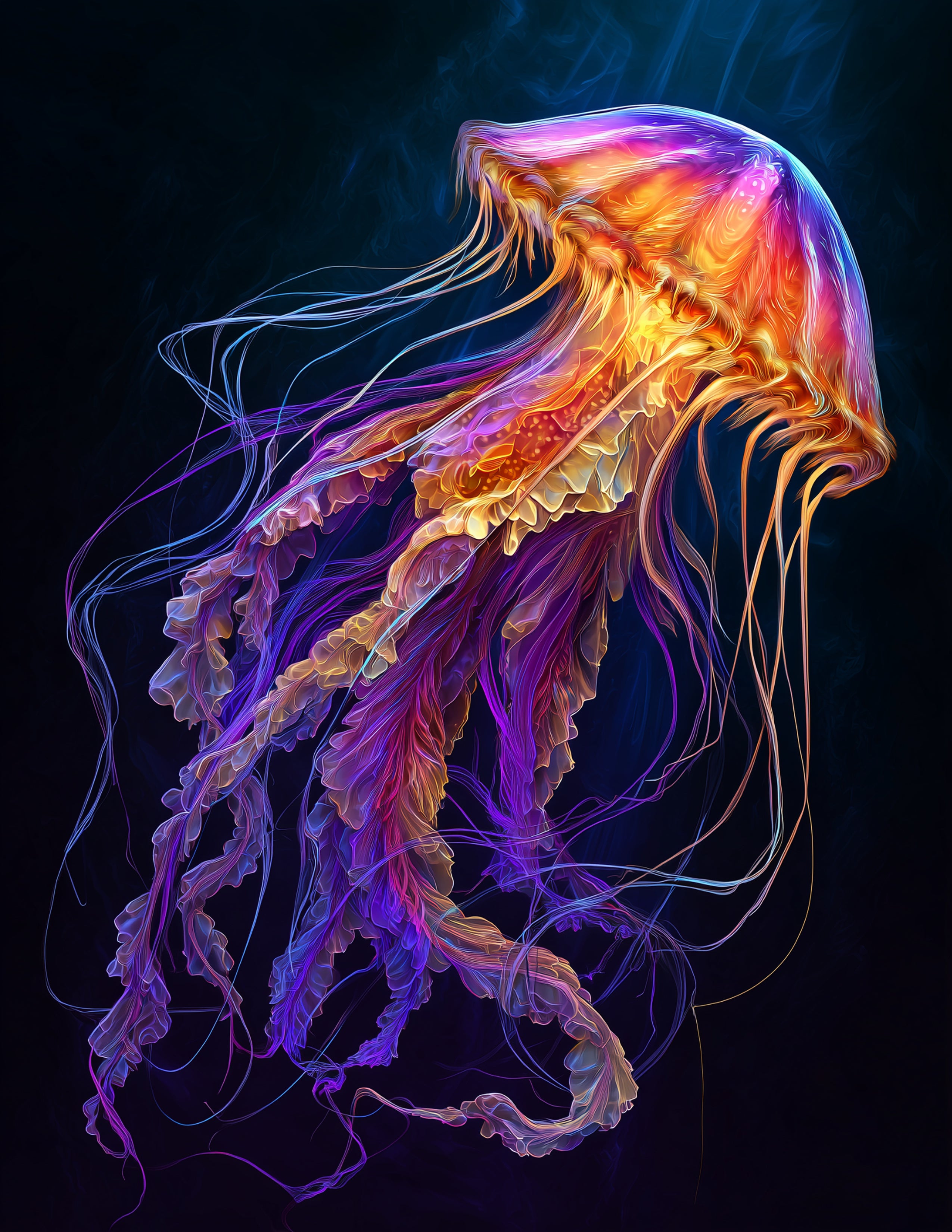 Immortal Jellyfish — Chromatic Filament Art, Vibrant Palette Digital Wall Art, 3 Sizes Included, Living Room Decor